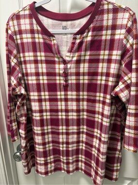 Kim Rogers Burgundy Plaid Henley Long-Sleeve Top
